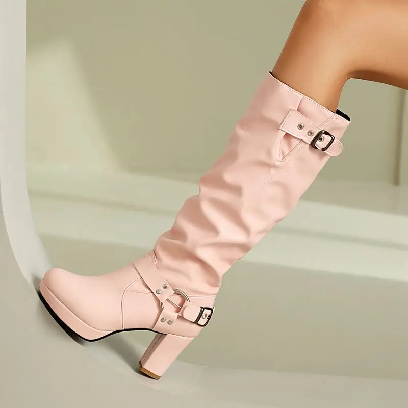 REAVE CAT Women Knee High Boots Round Toe Chunky Heels 7.5cm Platform 2cm Slip On Decoration Size 44 45 Party Booty