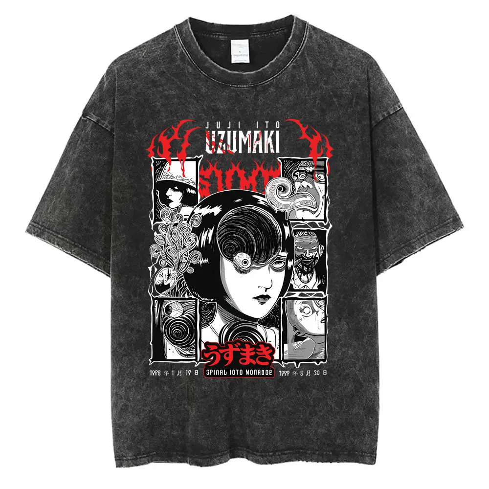 Camiseta Vintage Lavada de Anime Junji Ito Spirale Uzumaki Kirie Goshima para Hombres y Mujeres, Camisetas de Manga Gótica de Terror Unisex, Ropa Urbana
