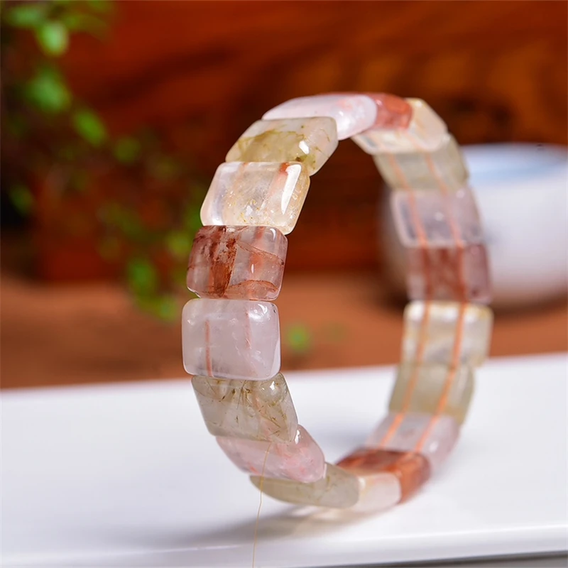 Natural Colored Rutilated Quartz Bangle Men Women Colorful Charm Yoga Healing Bangles Fashion Handmade Gift 1PCS 12X15MM