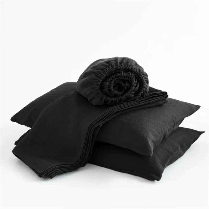 طقم ملاءات سرير من الكتان 100% (ملاءة جاهزة، ملاءة مسطحة، 2 كيس وسادة) غطاء مرتبة ناعم قابل للتنفس، طقم سرير كوين كينج #3