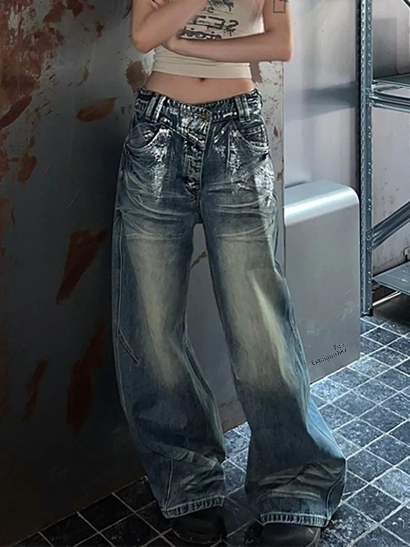 

Low Waist Wide Leg Jeans Women's New Style Retro Wash Silver Ironing Irregular Waist Head Dragging Long Pants Trendy