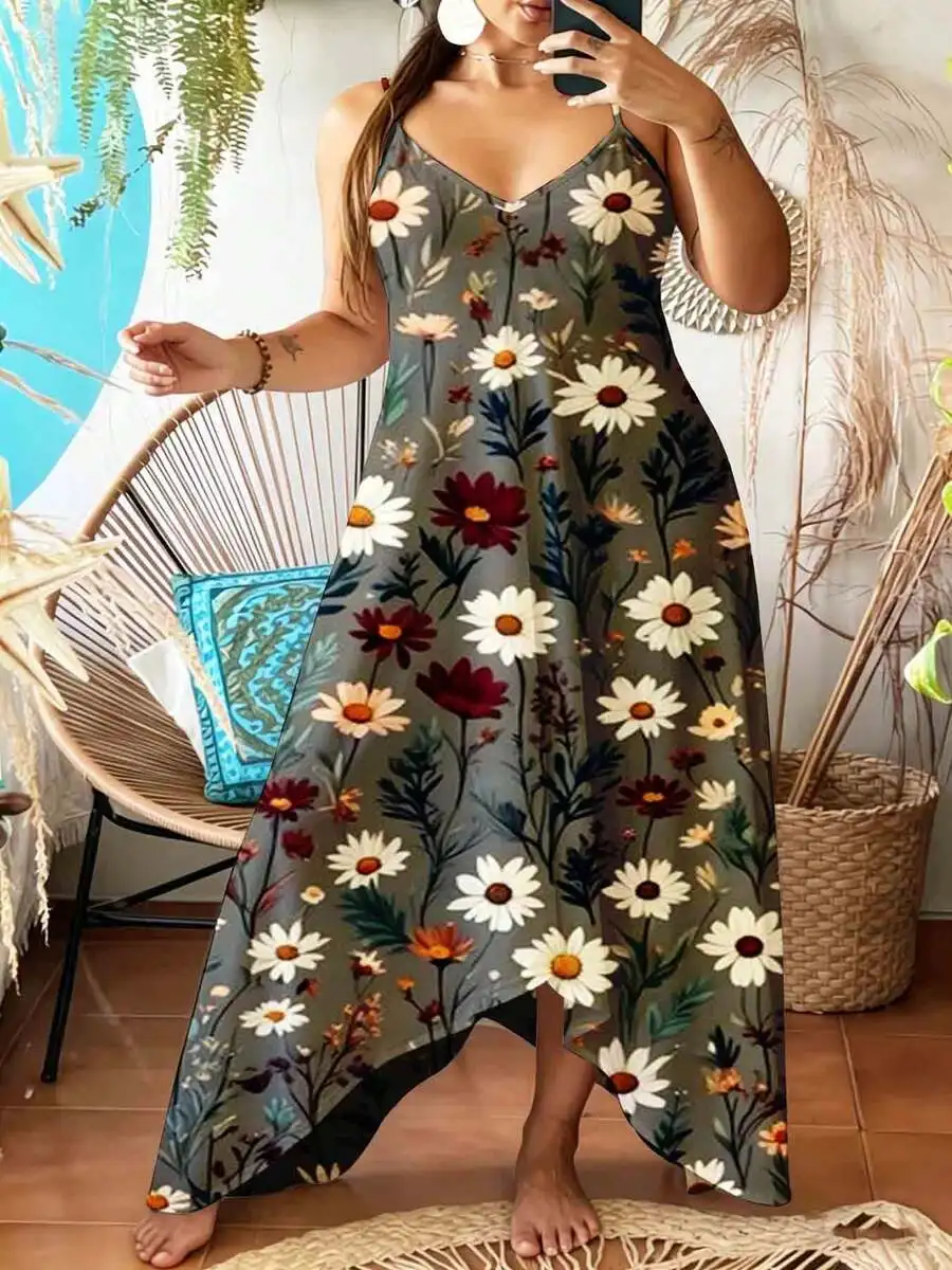 Floral Print Sleeveless V Neck Maxi Dress For Women Summer Boho Style Beach Vacation Outfit Casual Loose Fit Long Dress With