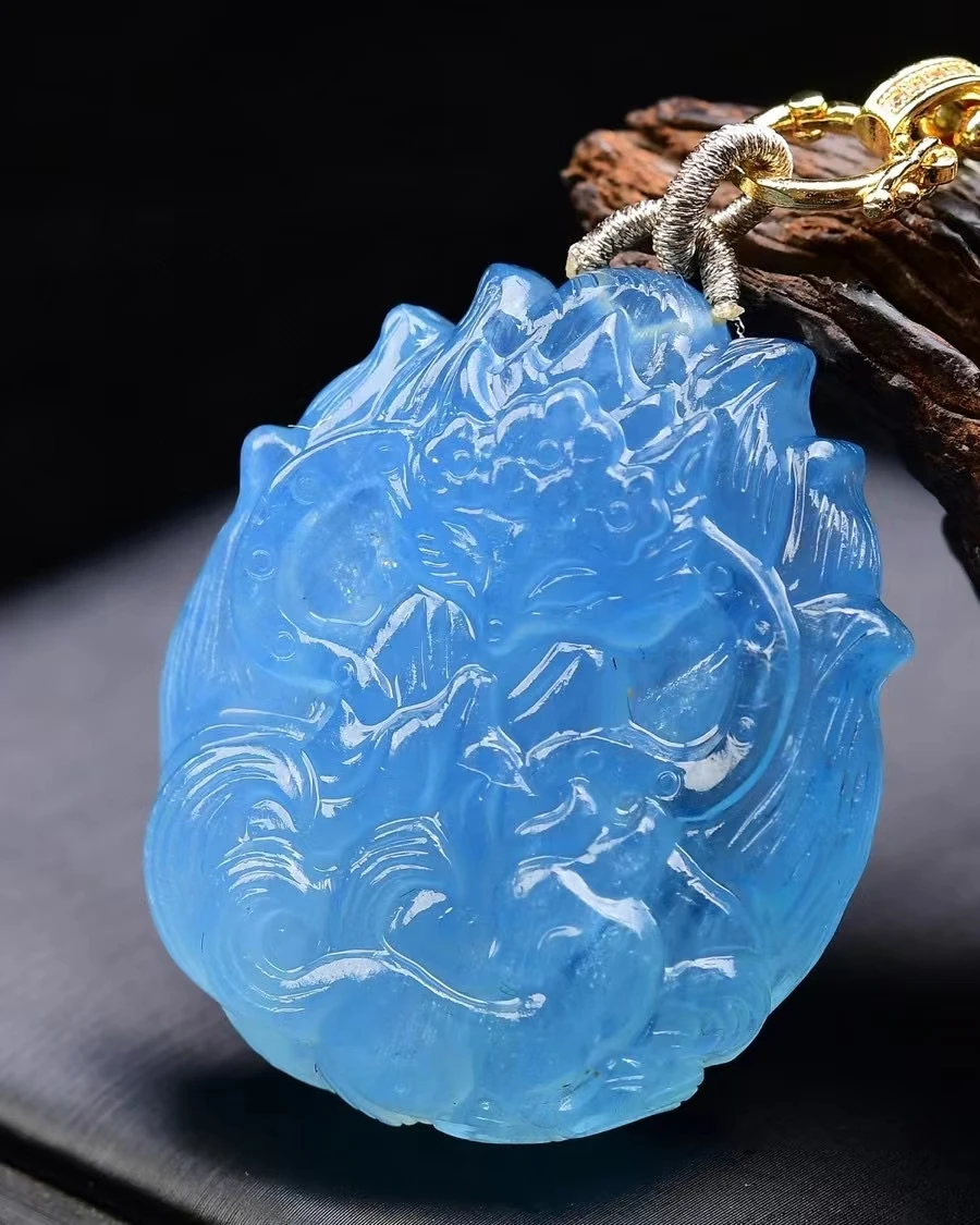 

Natural Blue Aquamarine Quartz Fox Pendant Brazil 44*38*14mm Women Men Aquamarine Deep Blue Necklace AAAAA