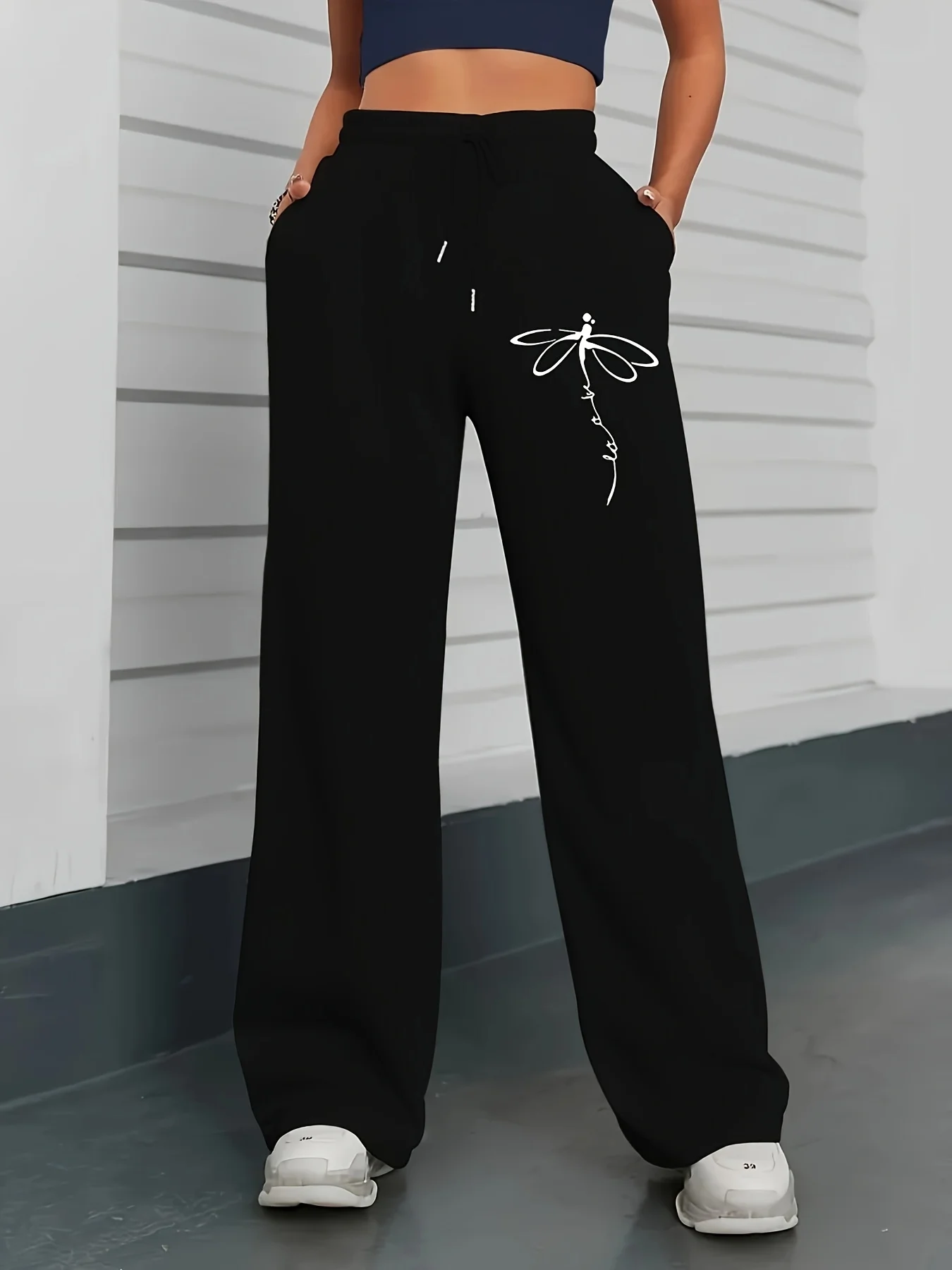 

Женские осенние и зимние свободные прямые флисовые спортивные штаны больших размеров с принтом стрекозы, уличная одежда с эластичным поясом, универсальная