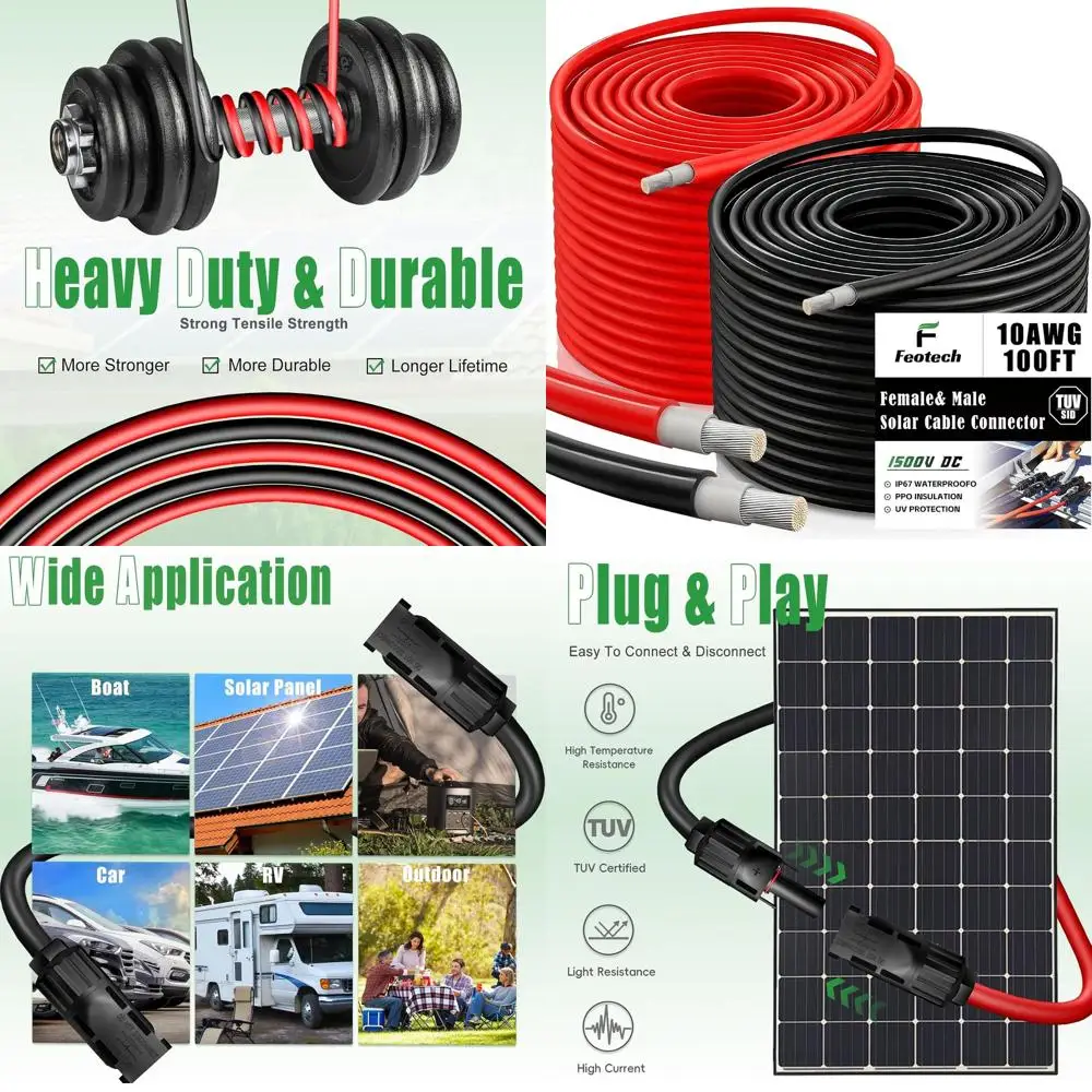 كابل تمديد للطاقة الشمسية بسلك مزدوج 100 قدم - 10AWG (6 مم2) سلك نحاسي معلب للوحة الشمسية للأماكن الخارجية والسيارات والمركبات الترفيهية والقوارب والبحرية