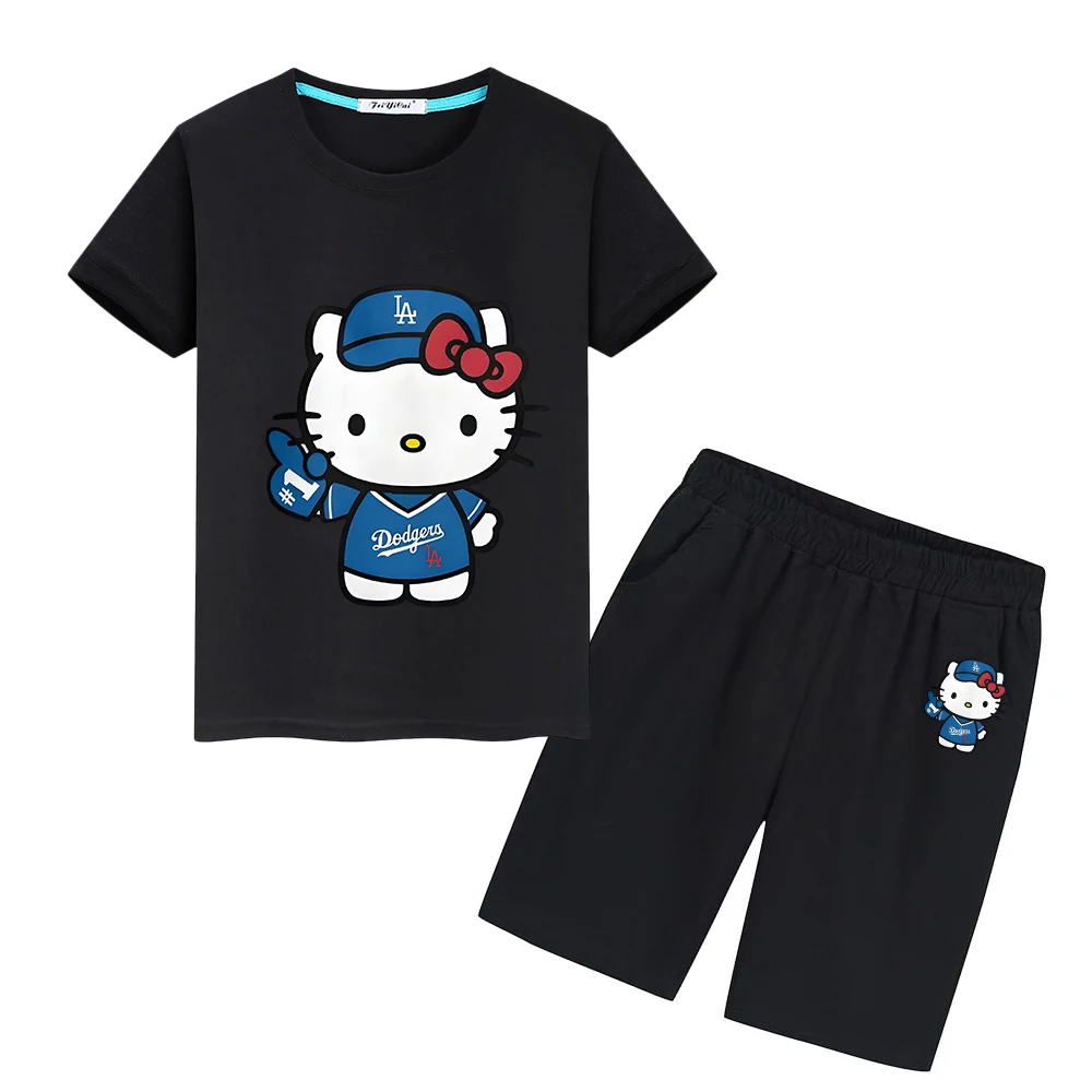 

hello kitty Sports Sets Kawaii Print 100%Cotton T-shirt Summer Cute Tops+shorts Anime Tshirts boys girl clothes kid holiday gift