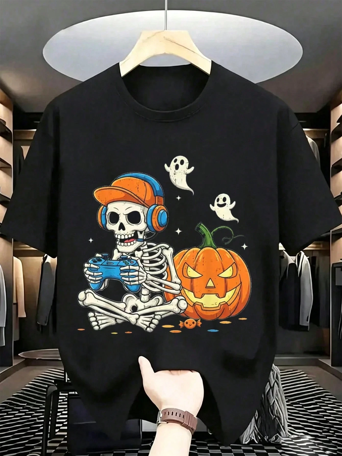 2026 New Family Matching Oversized Unisex Streetwear T Shirt Halloween Gamer Skeleton Pumpkin Ghost Cartoon Graphic Tee