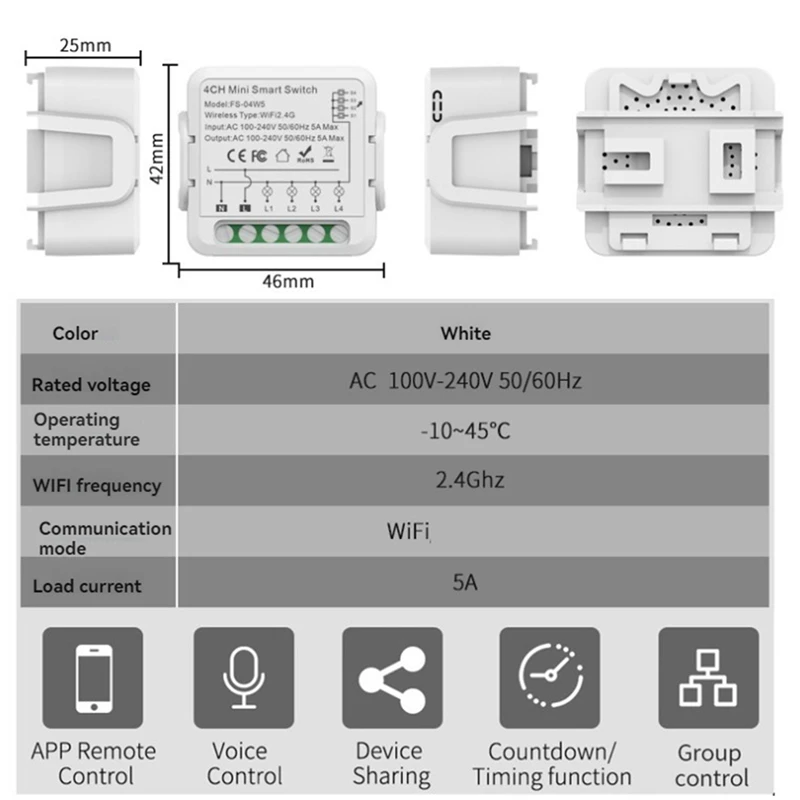 Módulo de interruptor de relé Wifi AC100-240V, funciona con Alexa Home, Mini Módulo de interruptor inteligente