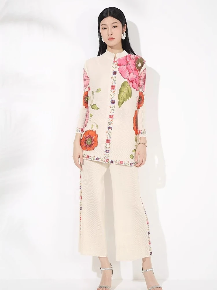 

2025 Summer Pleated Printed New Chinese Women's Two-piece Standing Collar Single-breasted Top and High-waisted Wide-leg Pants