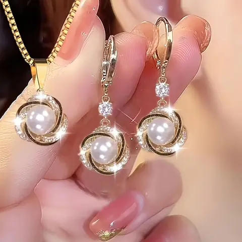 Light Luxury Shining Zircon Imitation Pearl Jewelry Sets for Women Trendy Versatile Necklace Earrings Girl Party Christmas Gifts