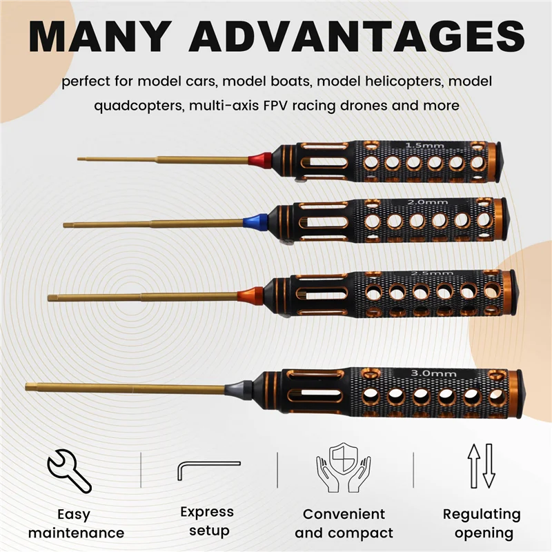 A93p 4 pçs/set chapeamento de titânio 1.5mm/2mm/2.5mm/3mm chave de fenda hexagonal ferramenta chave de fenda para modelo rc carro barco avião