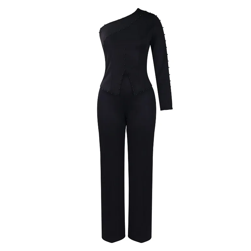

2026 Spring New Slanted Shoulder Beads OL Tongle Two-piece Set Large Size European American Set Foreign Trade Women's Clothing
