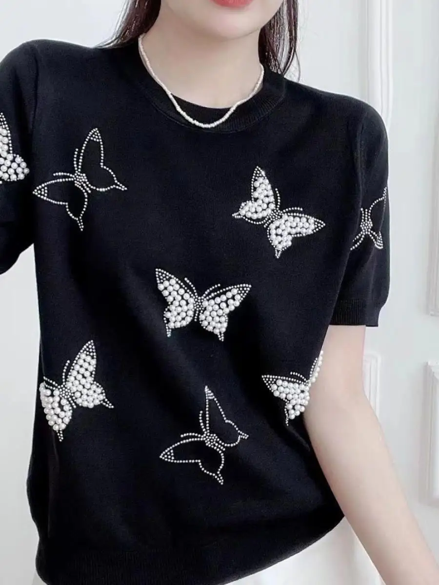 夏用薄手アイスシルクニットラウンドネックオーバーヘッドtシャツファッションネイルビーズ熱処理バタフライデザインワイド服ツーピースセット