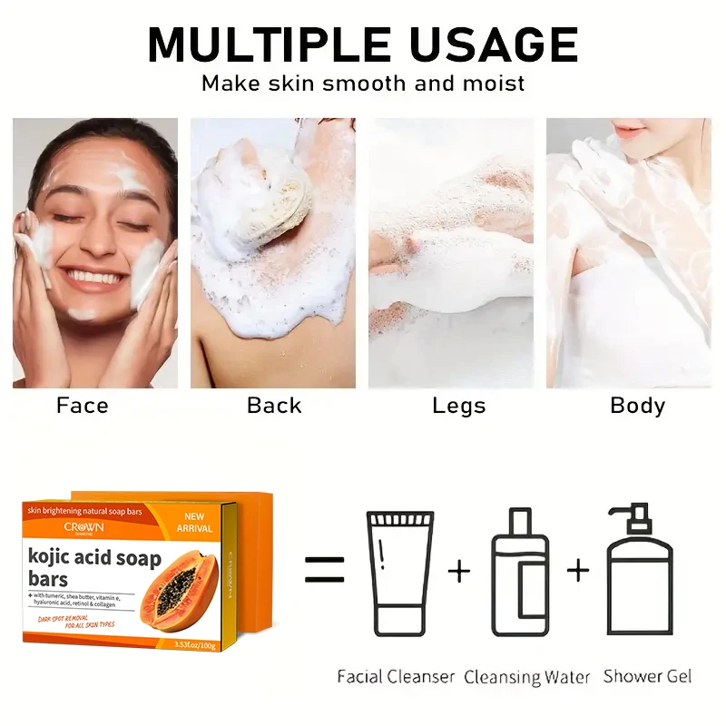 1/2/3pcs Face Wash Shea Butter Silky-smooth Texture Papaya Soap Skin Moisturizing Kojic Acid Soap for Face and Body Cleansing