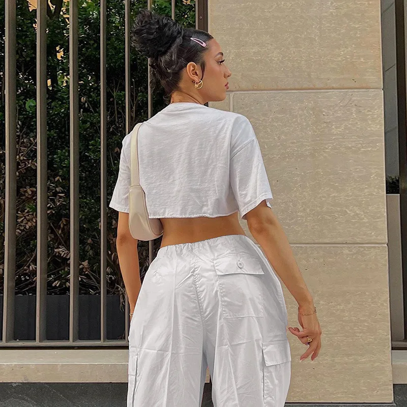 Pink Women Casual Joggers Tech Pants Oversized Solid Low Waist Baggy Trousers Fashion Wide Leg Cargo Pants Streetwear Drawstring