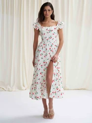 Vintage High Slit Summer Beach Dress Casual Cherry Print Sleeveless Dress Women Sexy Backless Long White Dresses For Women 2025