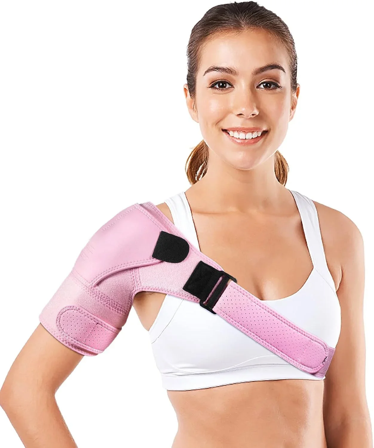 

Women and Men Adjustable Breathable Recovery Injuries Shoulder Compression Sleeve Brace for AC Joint Pain Relief, Pink