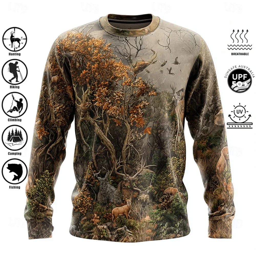 Men Long Sleeve T-shirt Polyester 3D Print Camo UPF50+ UV Protection Crew Neck Breathable Fishing Hunting Hiking Outdoor Tops view 5