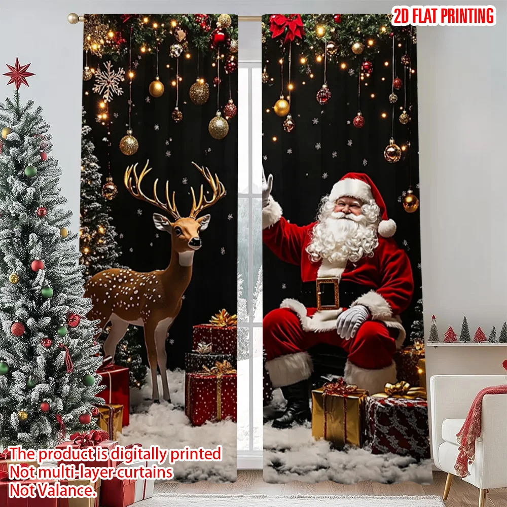 

2pcs 2D flat printing Merry Christmas Scene Curtains Christmas 03 Versatile 100% Polyester Without Electricity Holiday