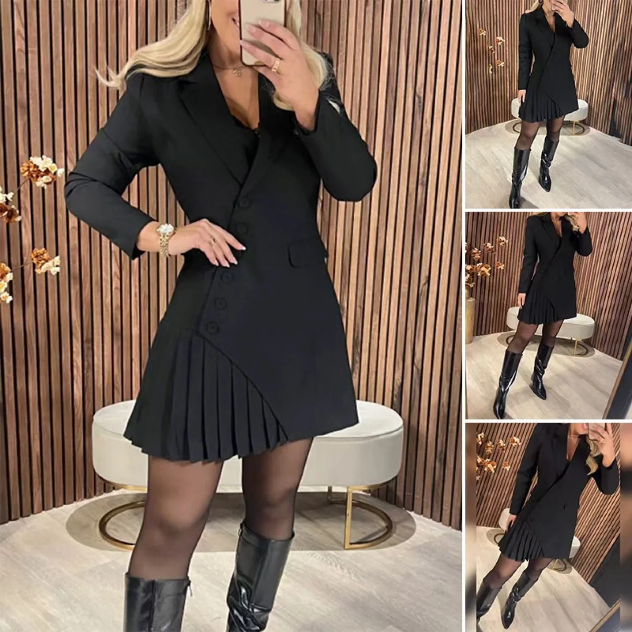 Women's Button Decor Turn Down Collar Blazer Dress Elegant Commute Versatile Waist Controlled Slimming Pleated A Line Mini Dress