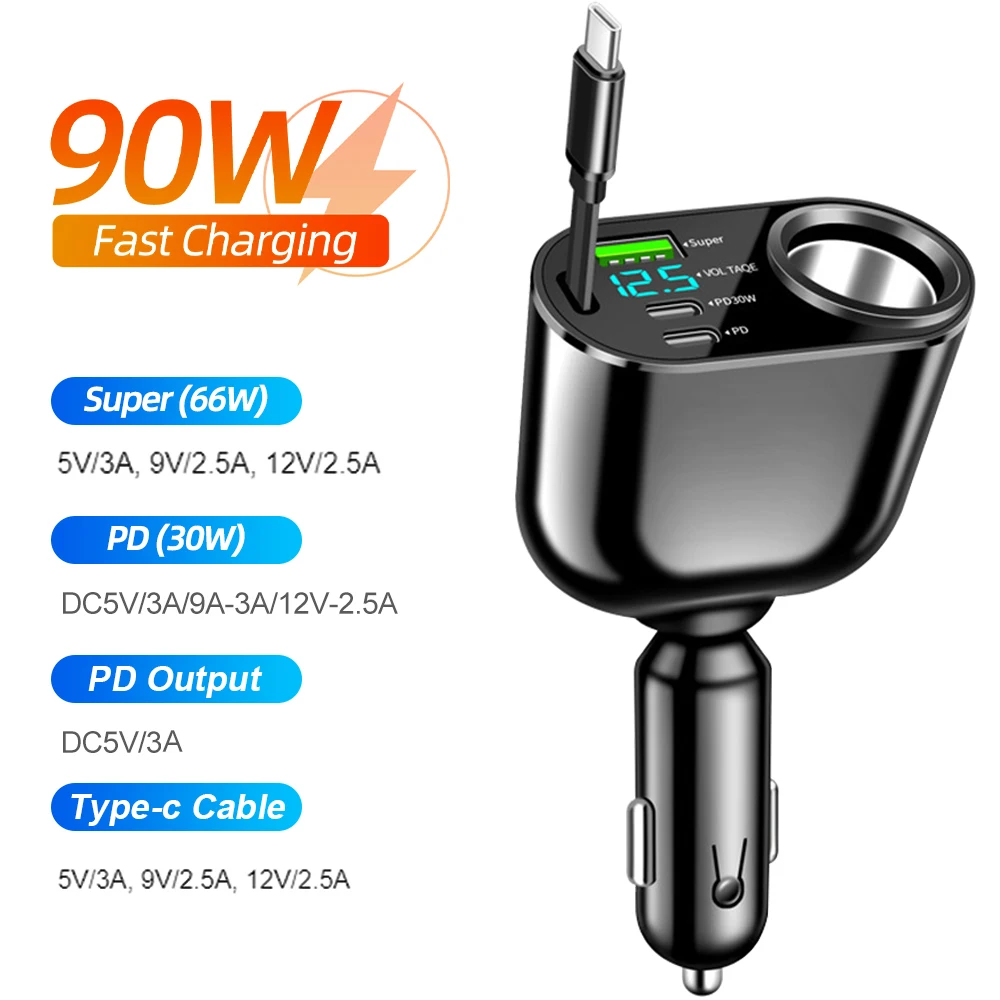 Universal 66W Car Charger QC3.0 PD Fast Charging with Type C fast Charging Cable Cigarette Lighter Adapter for Car DC 12V/24V