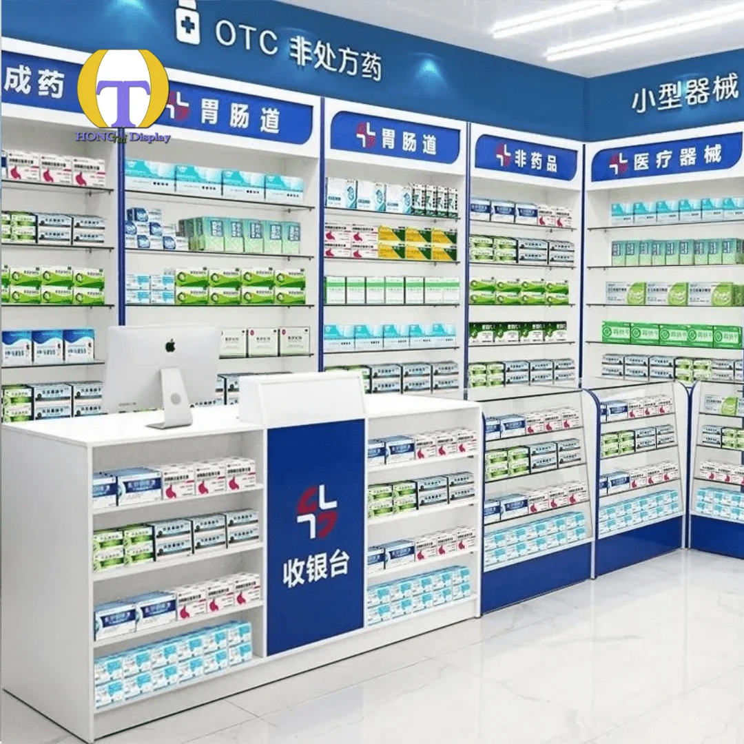 Rak Display Toko Medis Custom Desain Modern Kabinet Dinding Rak Apotek Desain Rak Baki Obat