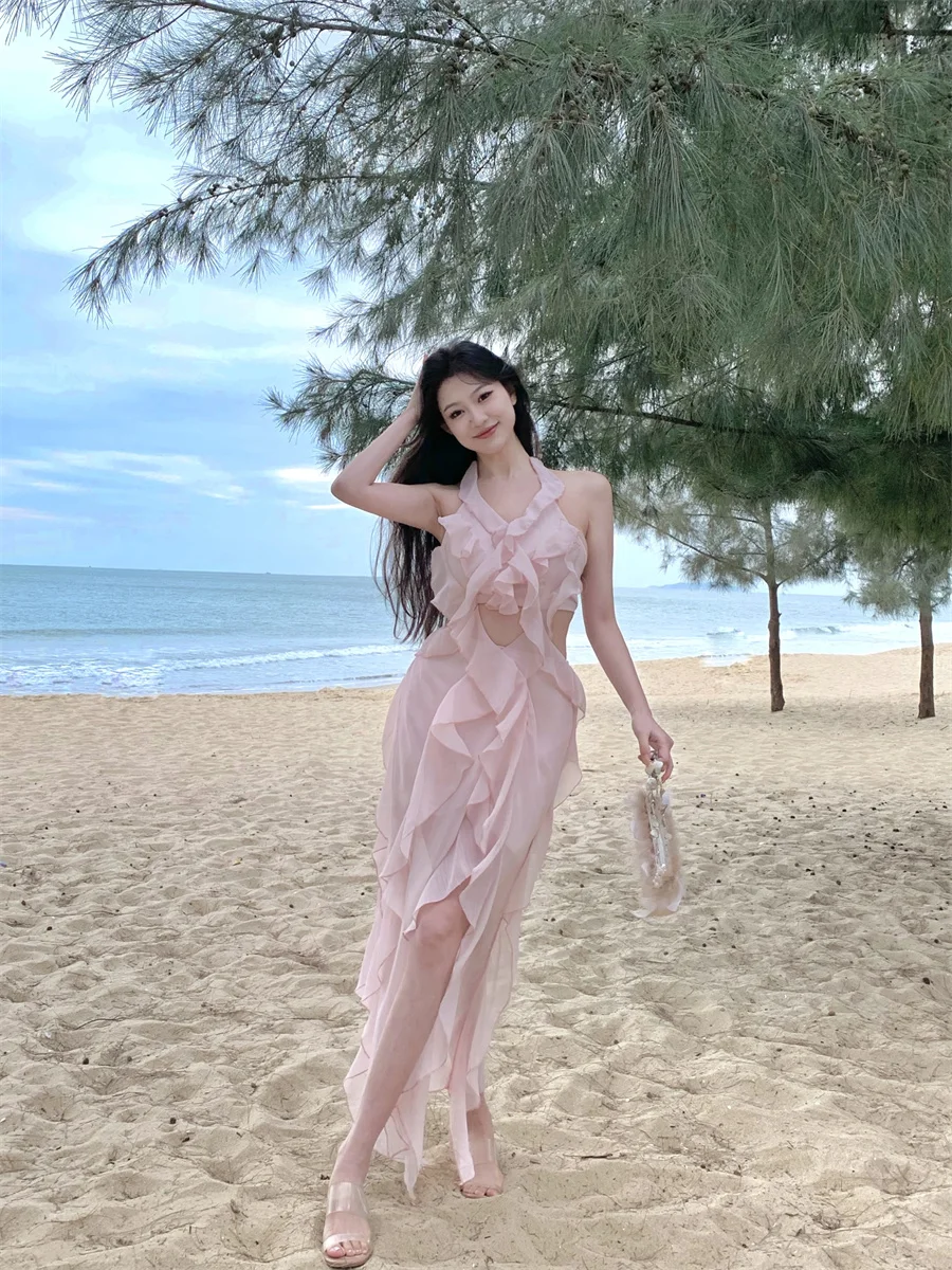 Vestidos femininos vestido preto seersucker plissado praia férias resort arejado legal em camadas bainha babado com decote em v ilha tropical deslocamento