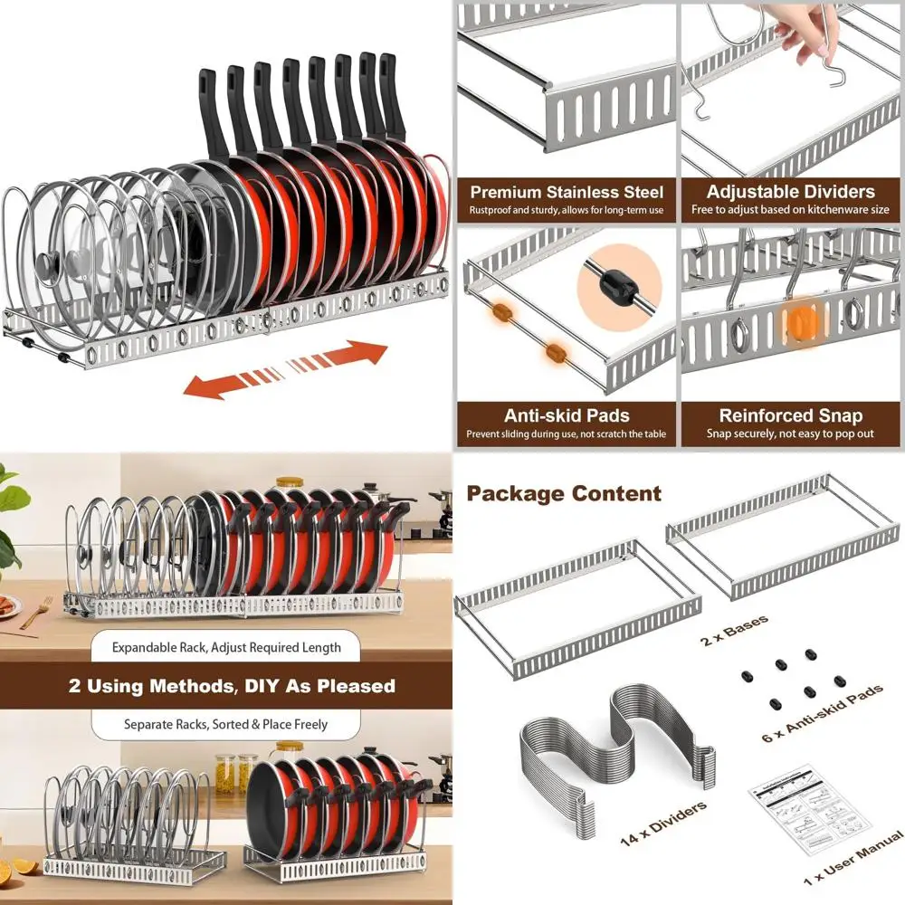 

Housolution Pot and Pan Organizer Rack or Cabinet, StainlSteel Expandable Pot Lid Organizer with 14 Adjustable Dividers, Pot and