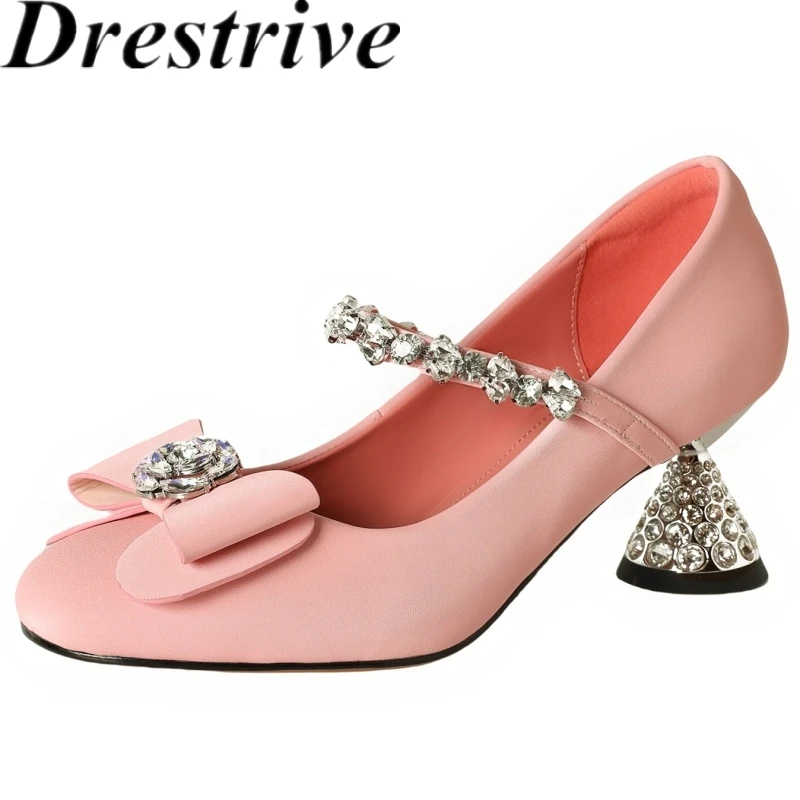 

Drestrive, осень 2023, новые женские туфли-лодочки с кристаллами, круглым носком, шелковая овчина, странные туфли на высоком каблуке с узлом-бабочкой, Мэри Джейн