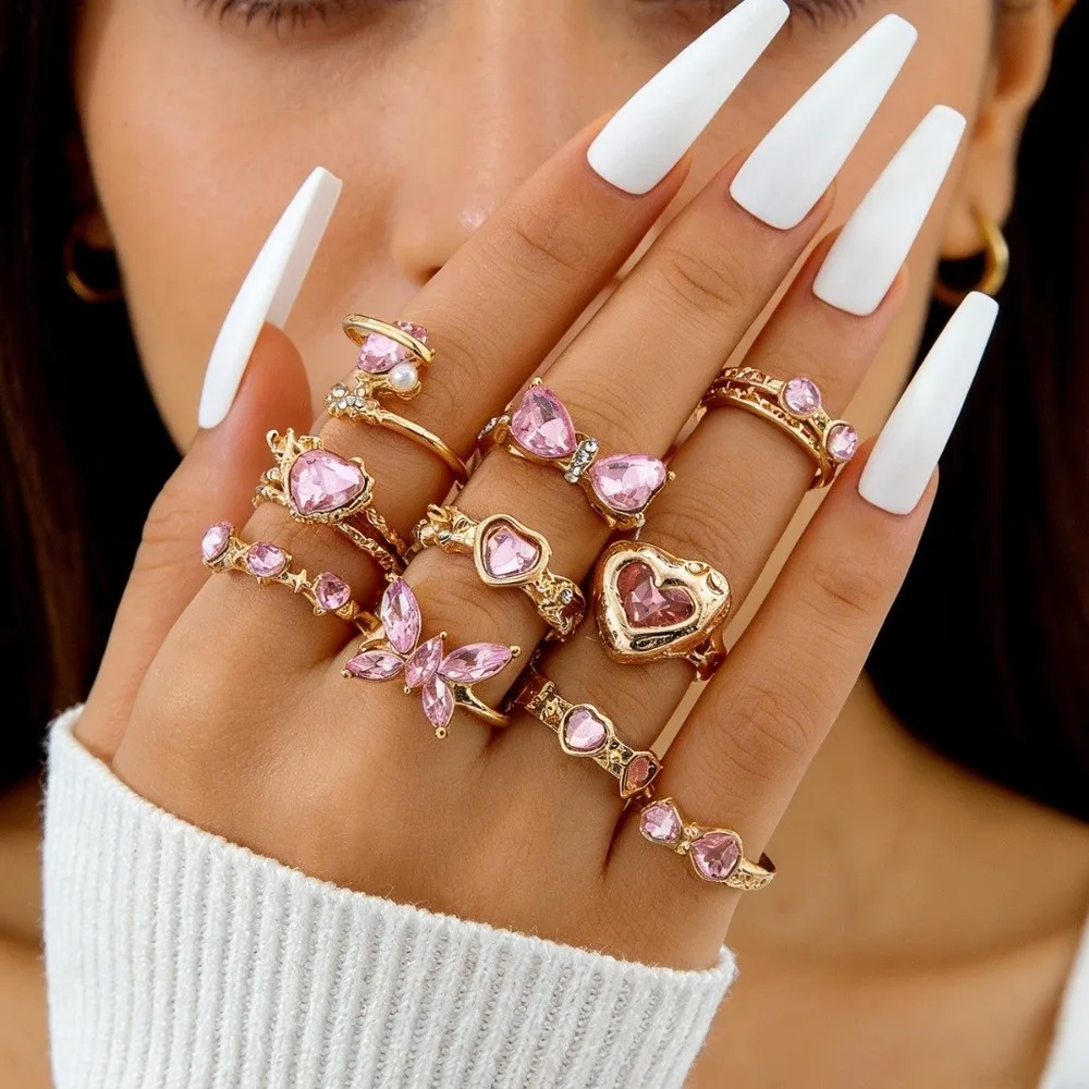 10Pcs/Set Bow Design Heart Butterfly Rings Gold Silver Color Pink Crystal Open Rings Stackable Synthetic Zircon Mix Style Rings