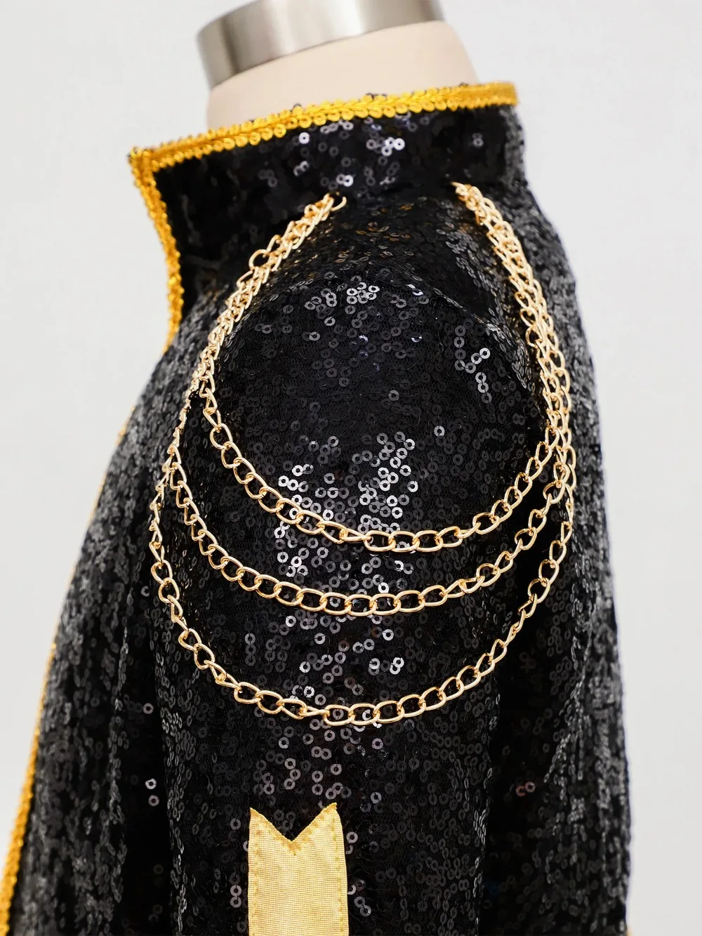 Kids Girls 3Pcs Demon Cosplay Singer Outfit Iridescent Gloss Crop Top Long Sleeve Trim Sequins Outer Wear and Waist Chain Shorts