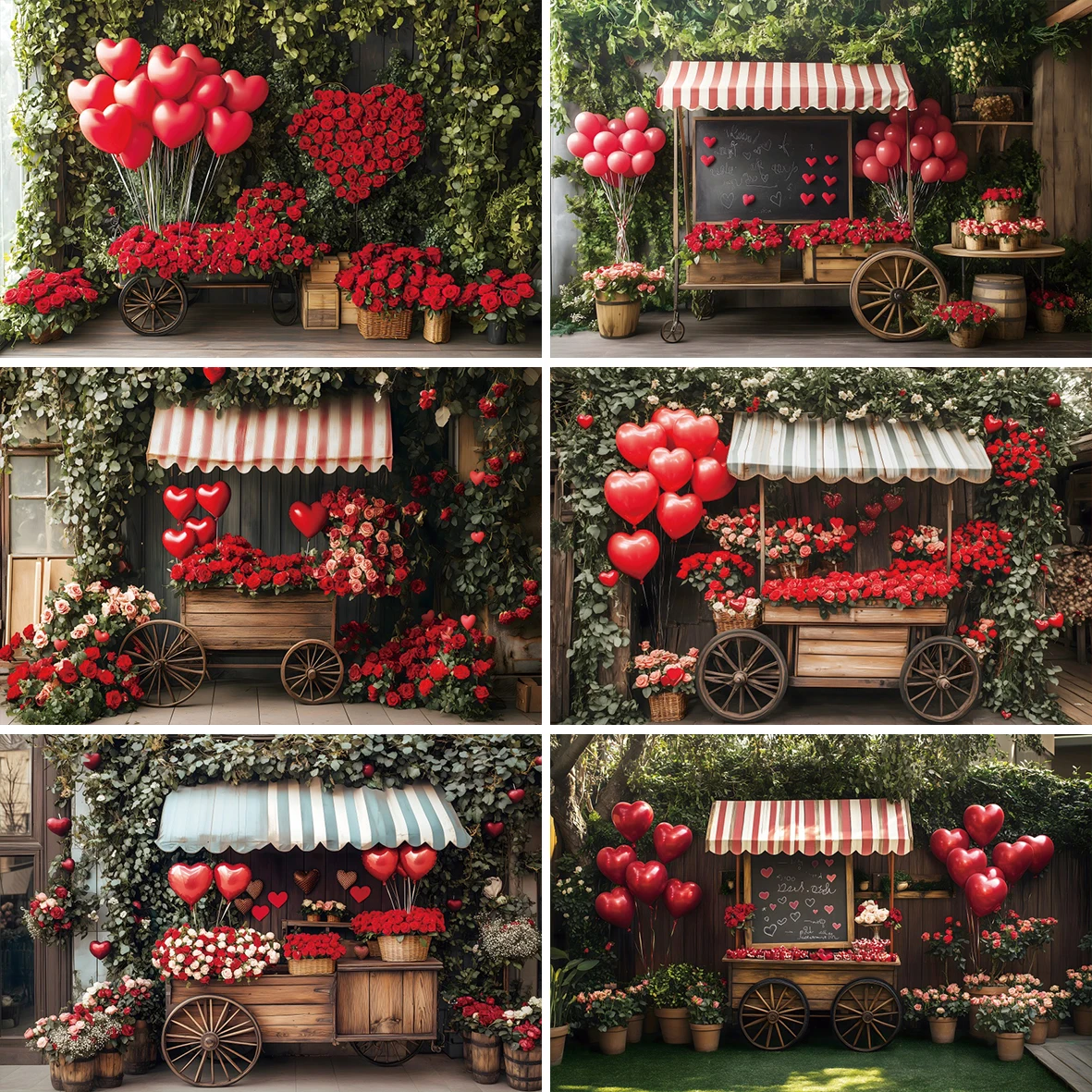 Valentine‘s Day Flower Shop Photography Background Wooden Cart Red Rose Balloon Couple Anniversary Portrait Photocall Backdrops