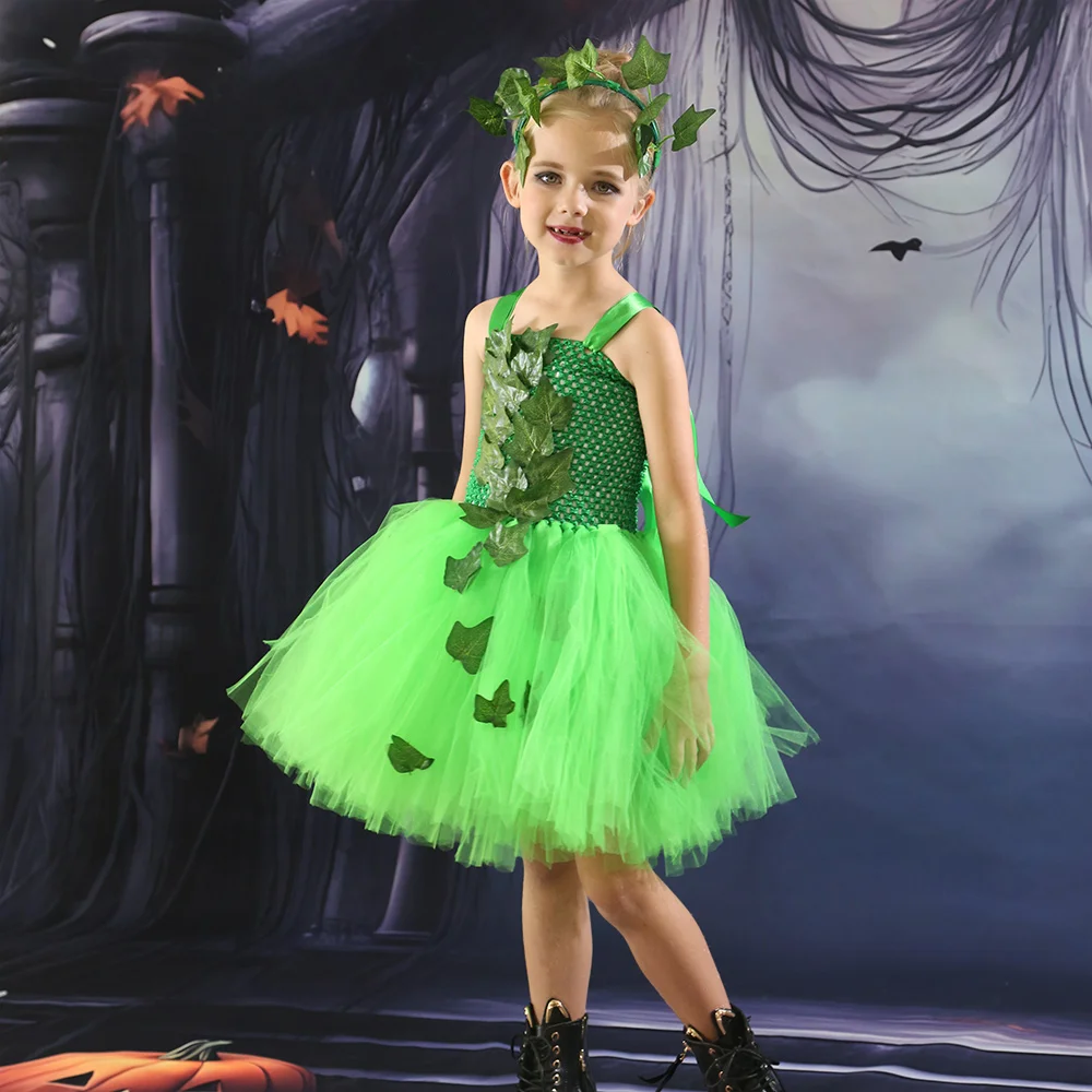 Children Posion Ivy Costume Tutu Dress with Headband Kids Halloween Costume Girls Tulle Dress Carnival Woodland Villain Costumes