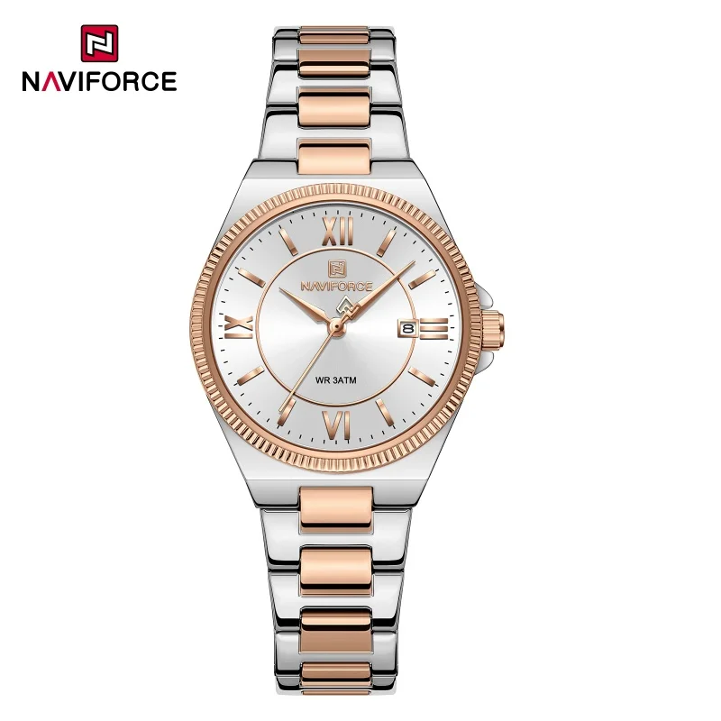 NAVIFORCE Women's Watch Quartz Auto Date Display Waterproof Steel Strap Casual Fashion Luxury Girls Clocks Daily Wear Wristwatch