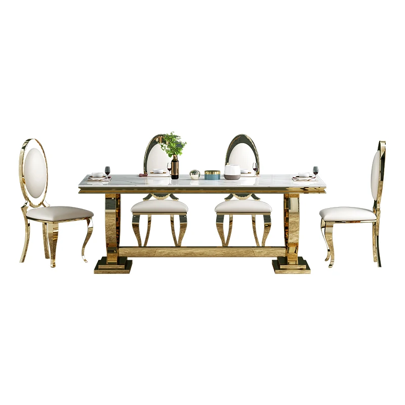 

Light luxury dining table rectangular small apartment simple post-modern stainless steel dining table and chair combination