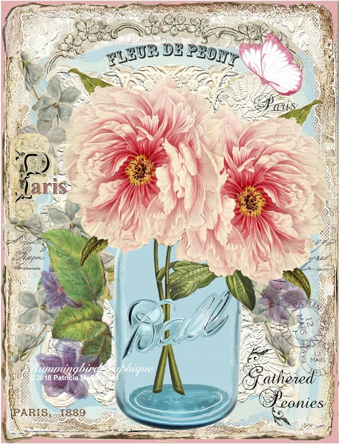 Metal Tin Signs GRAINSACK STYLE PEONY Mason Jar Metal Sign Lodge Yard Garden Poster 12x8 Inch Plaque sign