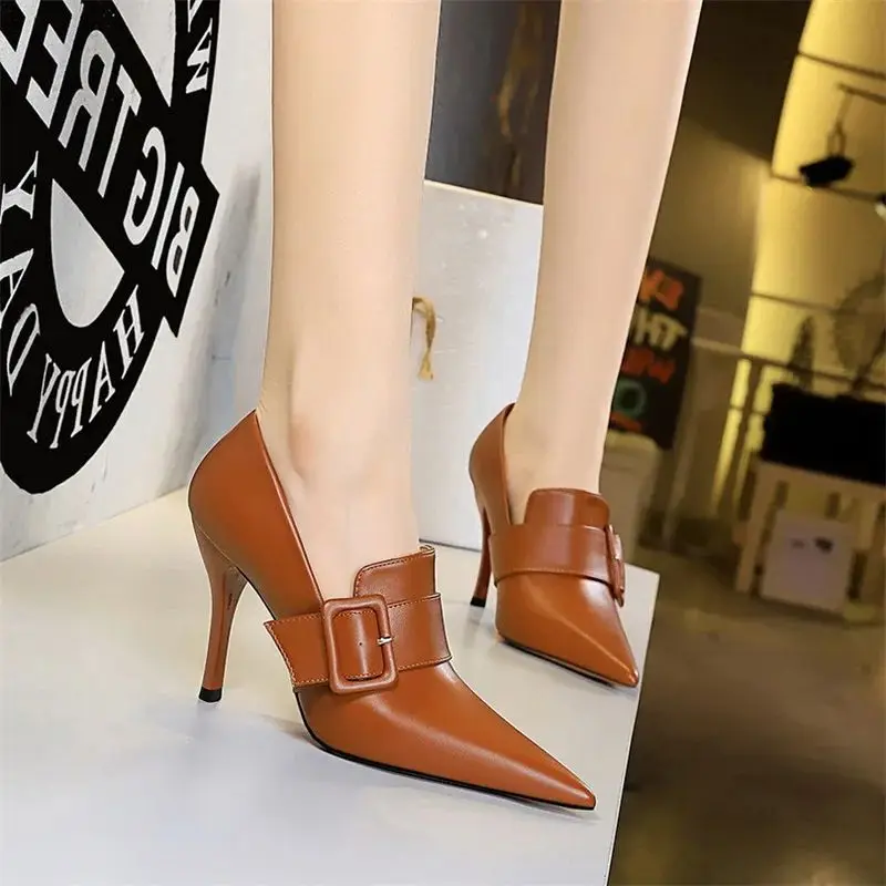 Fashion High Heel Women's Shoes Wine Cup Heel Pointed Toe Deep Mouth Belt Buckle Decoration Black Brown Single Shoes