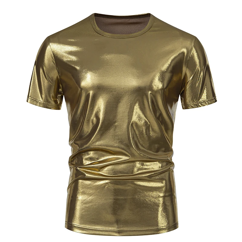 Summer Men\'s Shiny Metallic T Shirt Fashion Gold Stage Costume Short Sleeve Top Tees Disco Party NightClub T-Shirts