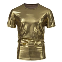 Summer Men's Shiny Metallic T Shirt Fashion Gold Stage Costume Short Sleeve Top Tees Disco Party NightClub T-Shirts