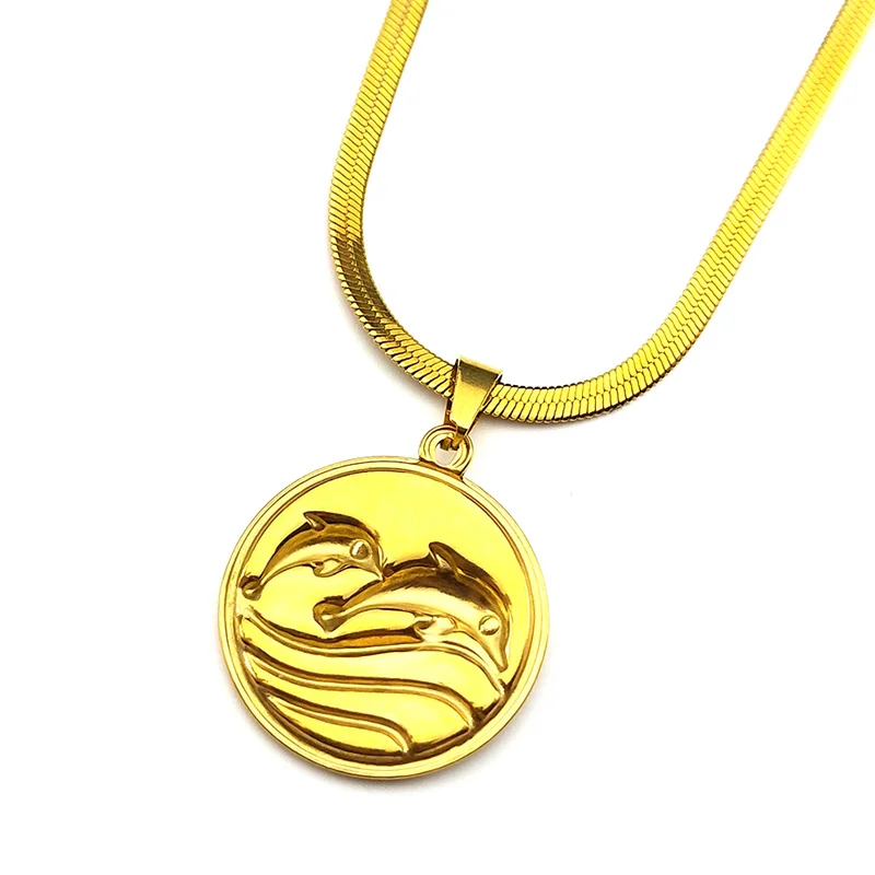 Dolphin Mother and Child Enamel Pendant Necklace for Women Stainless Steel Gold Color Vintage Waves Choker Chain Family Jewelry