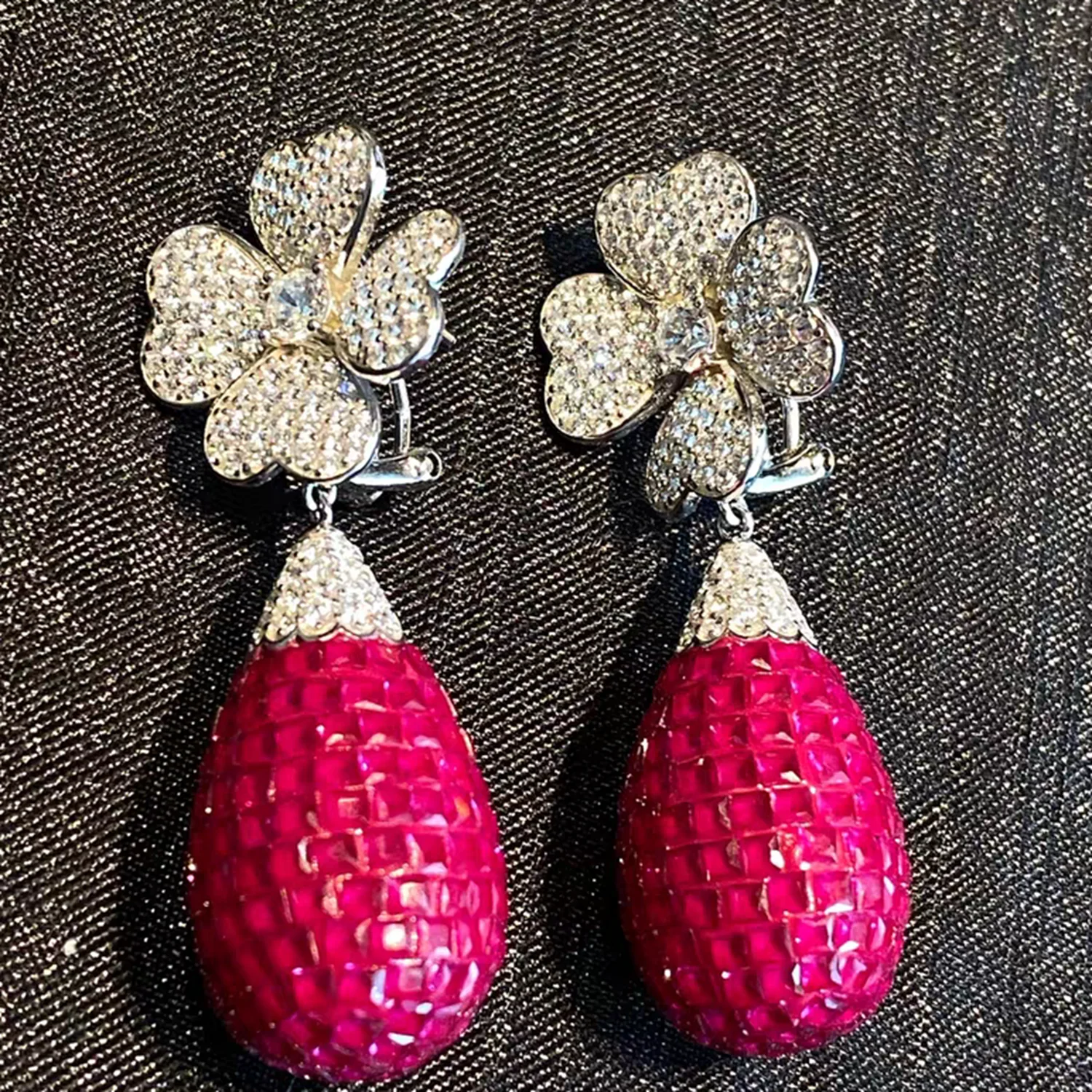 KQDANCE Big 925 Silver Lab Grown Ruby Red High Carbon Diamonds Gemstone Flower Water Drop Earrings Women  Luxury Fine Jewelry