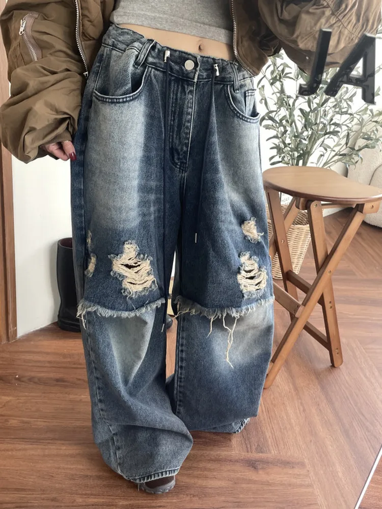 

High Waist Wide Leg Jeans Knee Hole Double Layer Design Personality Hole Punching Casual Female Jeans Winter Season Fashion