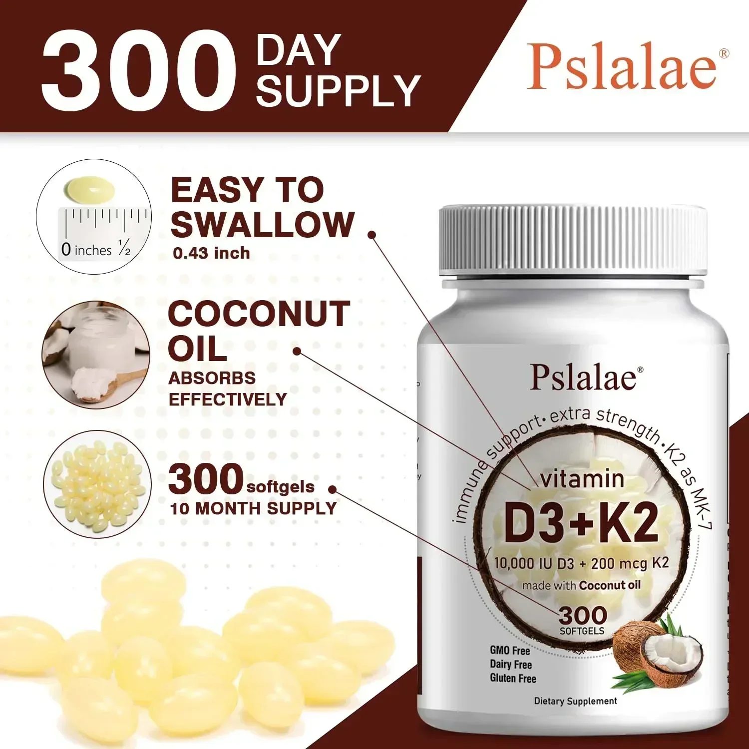 

300 Softgels 2 in 1 Formal Vitamin D3 K2 Supplement Softgels Coconut Oil Enhancing ImmunitySupplement