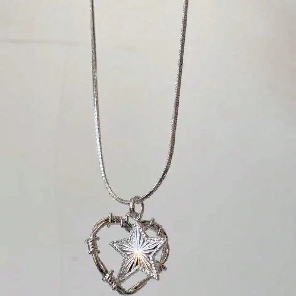 

Silver Tone Star in Heart Wire Wrap Pendant Necklace