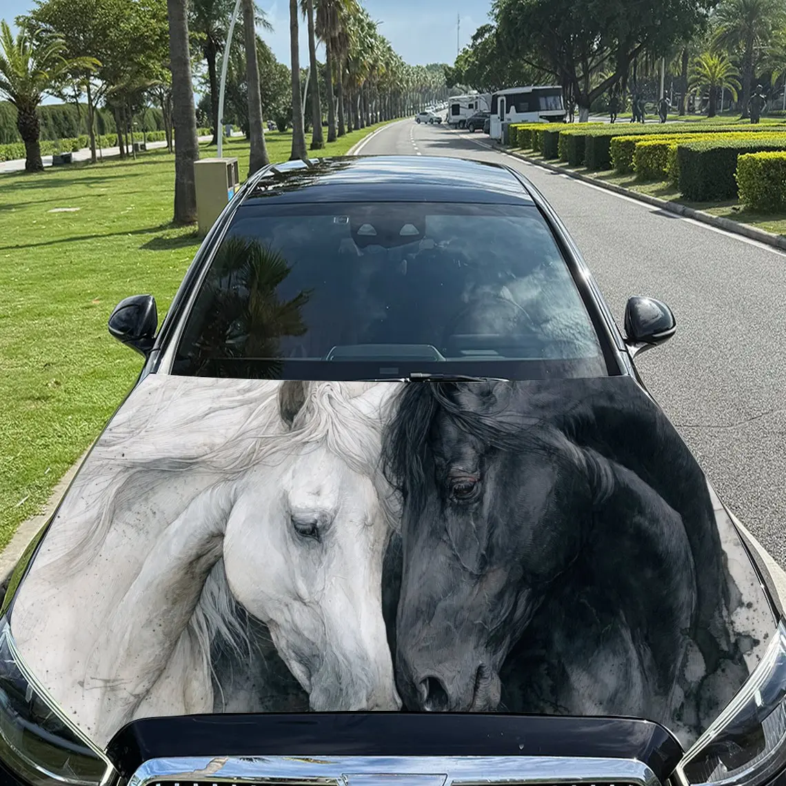

Mythical Horse Pair PVC Car Engine Hood Vinyl Wraps, Self-Adhesive Waterproof Car Hood Decal Sticker, Car Decoration Protection