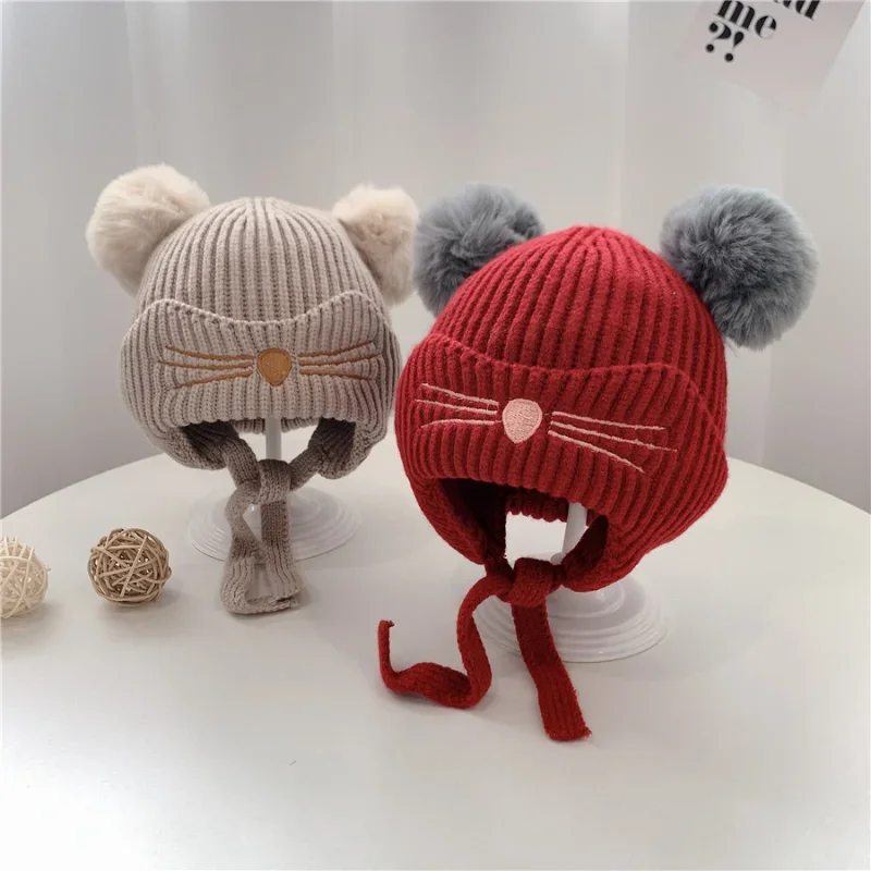 Baby Beanies Hats Children Knitted Pompon Winter Autumn Cute Cap for Girls Boys Casual Cute Cat Warm Girl Hat with Two Balls