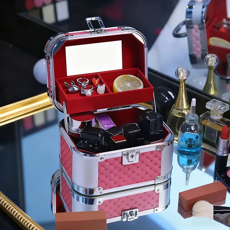 ミニアルミフレームメイクアップボックス-ミラーと仕切り付き-ジュエリーオーガナイザー-女性用-日常使い＆旅行用