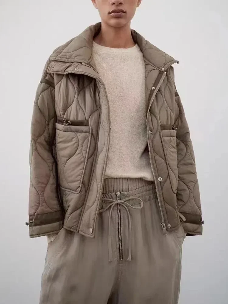 خريف شتاء جديد إمرأة موضة سترة قطن دافئة الوقوف طوق كم طويل الجبهة زيبر أزرار الإناث معطف خمر