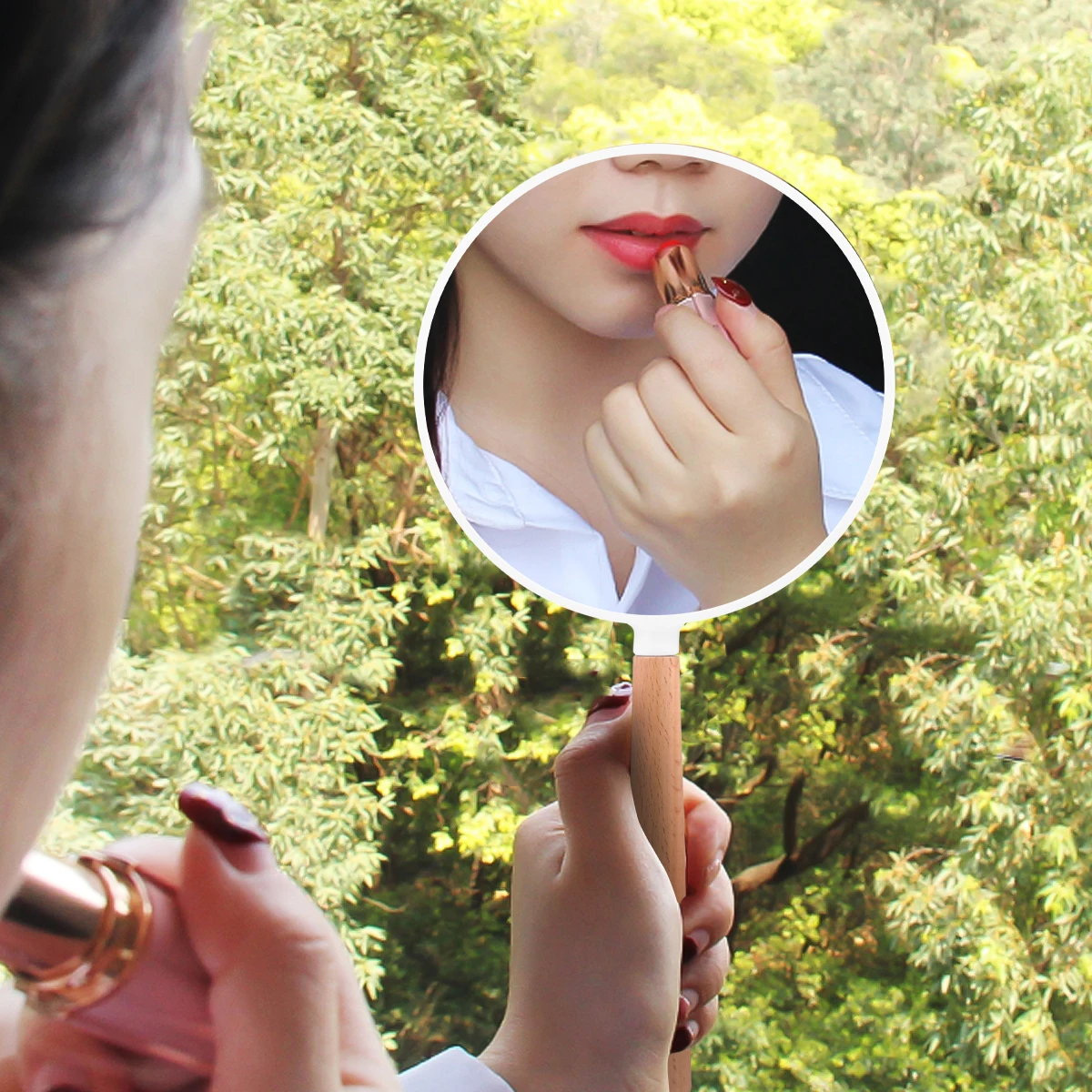

Vanity Mirror Make up Handle Vintage Makeup Handhold Beech Child Round