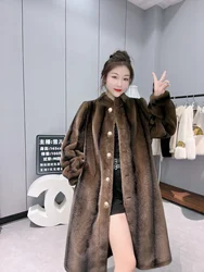 New Arrival Thicken Winter Overcoat Elegant Women Gold Coffee Imitation Mink Velvet Coat Mid-long Stand Collar Faux Fur Jackets